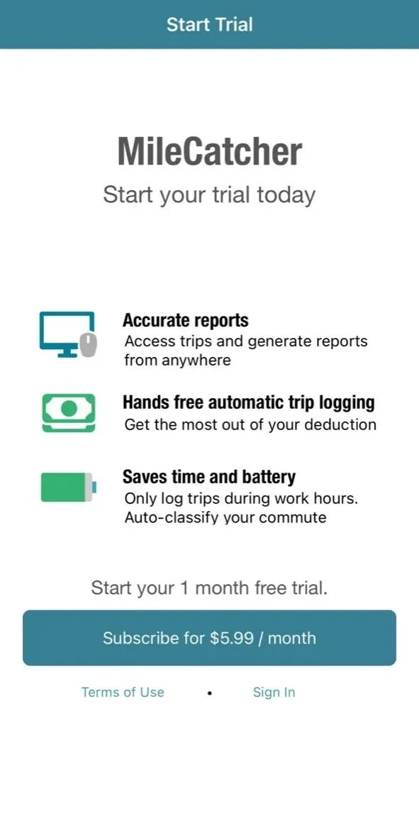MileCatcher Mileage Tracker paywall screen