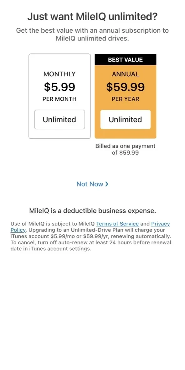 MileIQ paywall screen