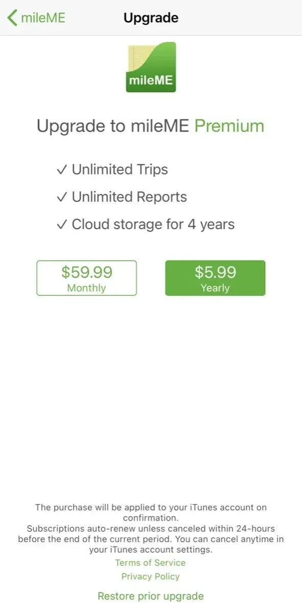 mileME Automatic Mileage Log paywall screen