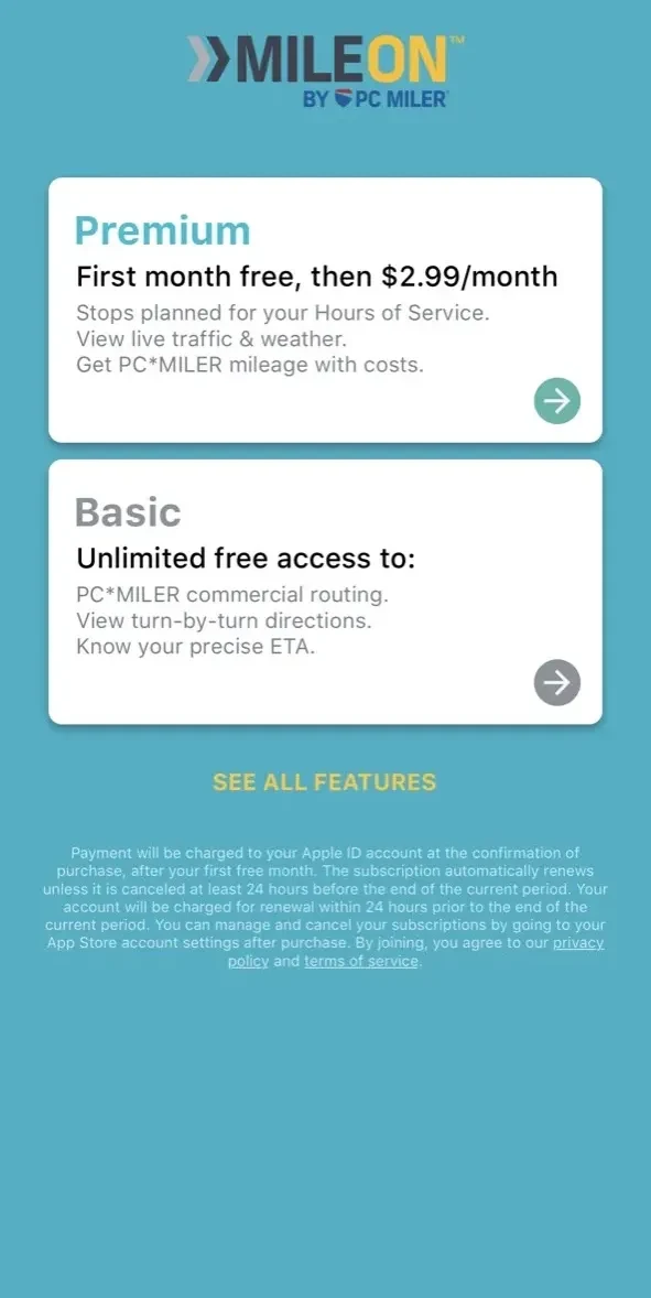MileOn paywall screen