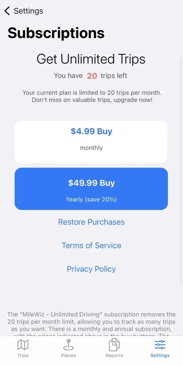 MileWiz 2022 paywall screen