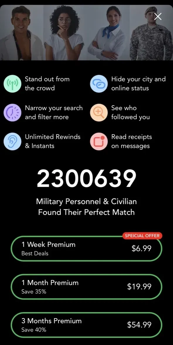 Military Dating App paywall screen