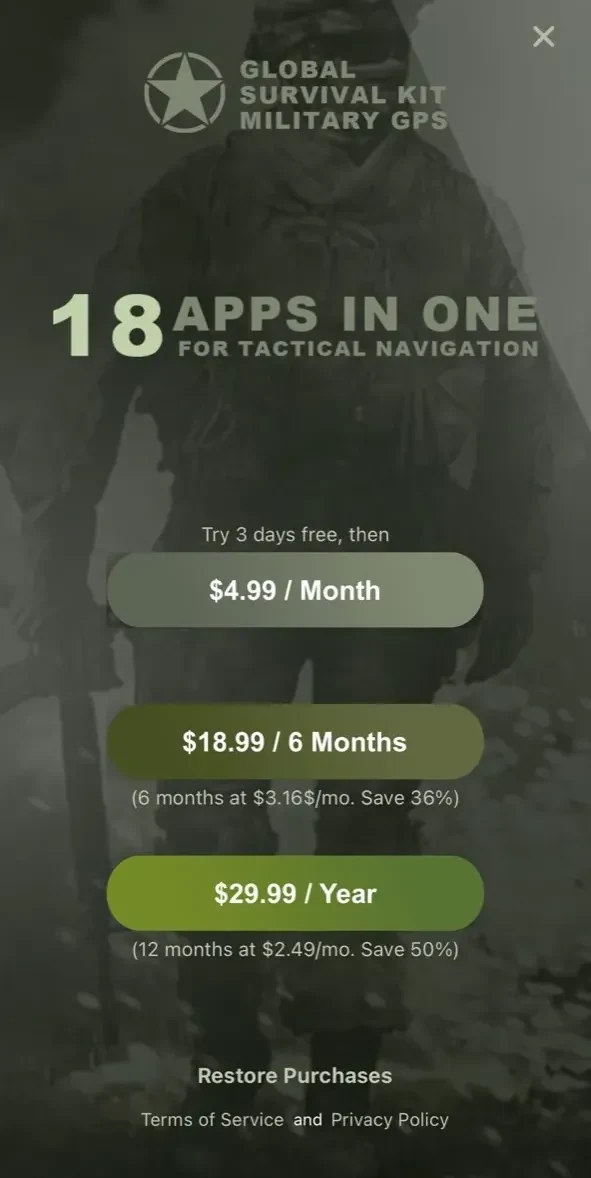 Military GPS Survival Kit paywall screen