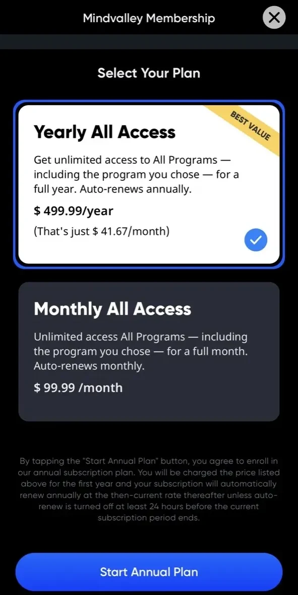 Mindvalley paywall screen
