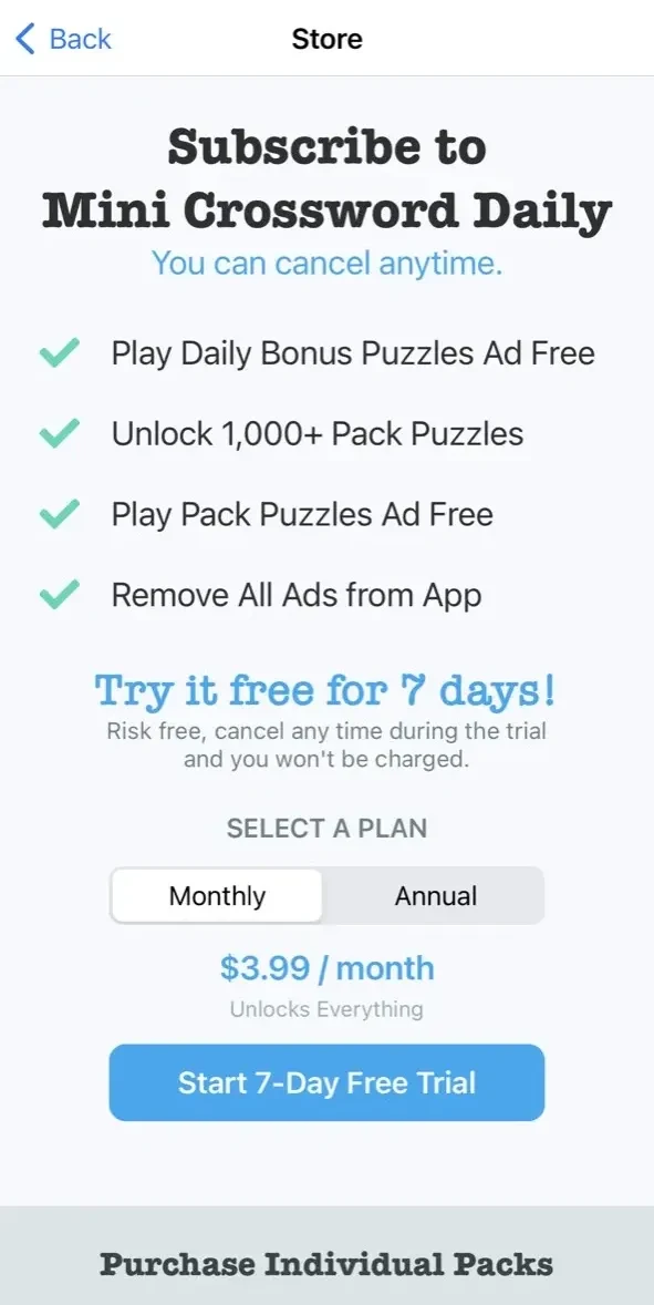 Mini Crossword Daily paywall screen