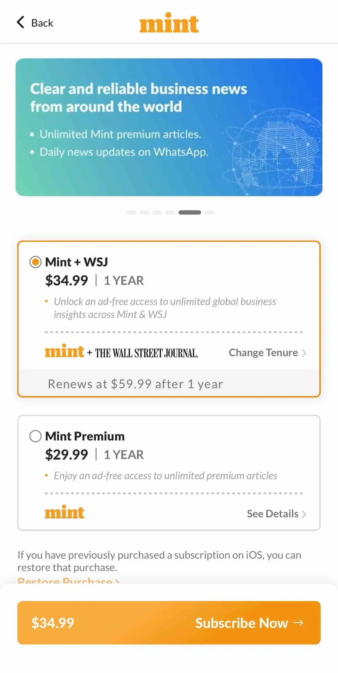 Mint News App paywall screen