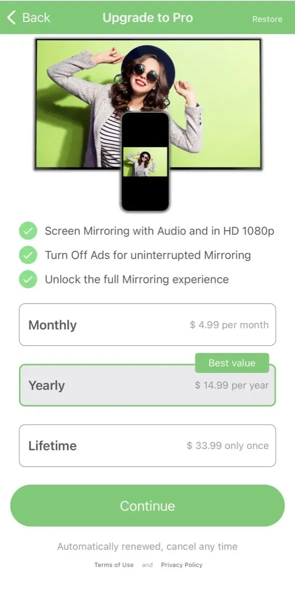 Mirror paywall screen