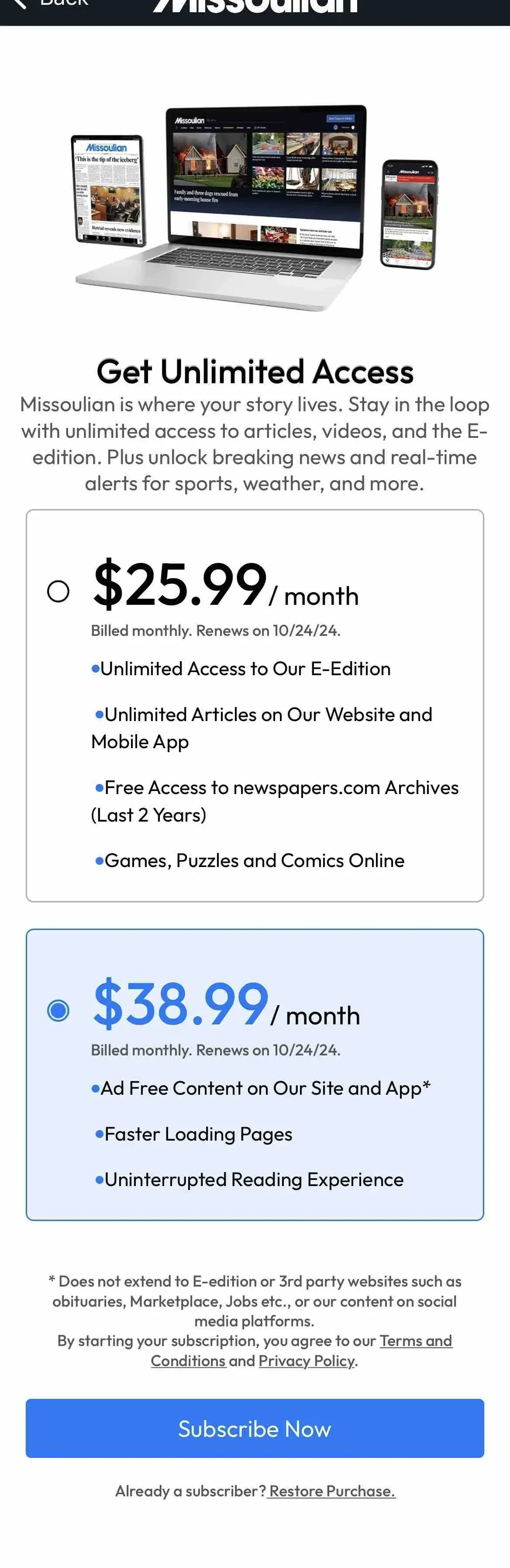 Missoulian paywall screen