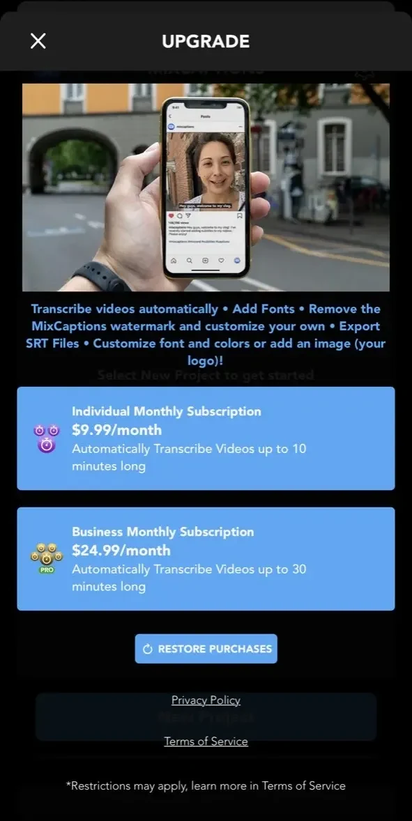 MixCaptions paywall screen