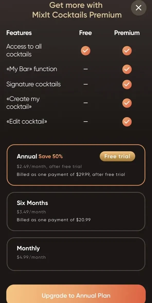 Mixit Cocktails paywall screen