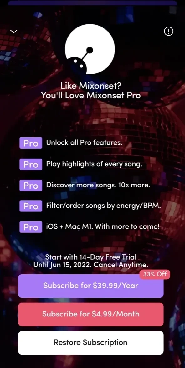 Mixonset paywall screen