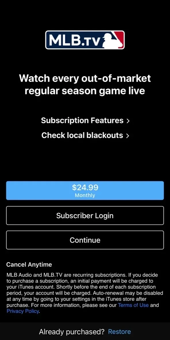 MLB paywall screen