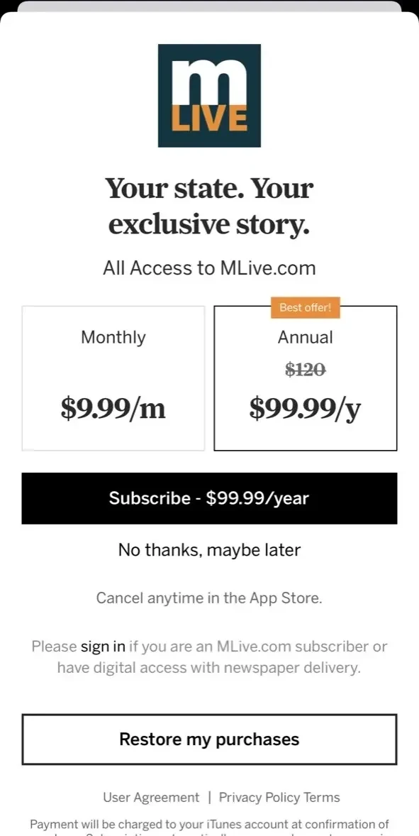 MLive paywall screen