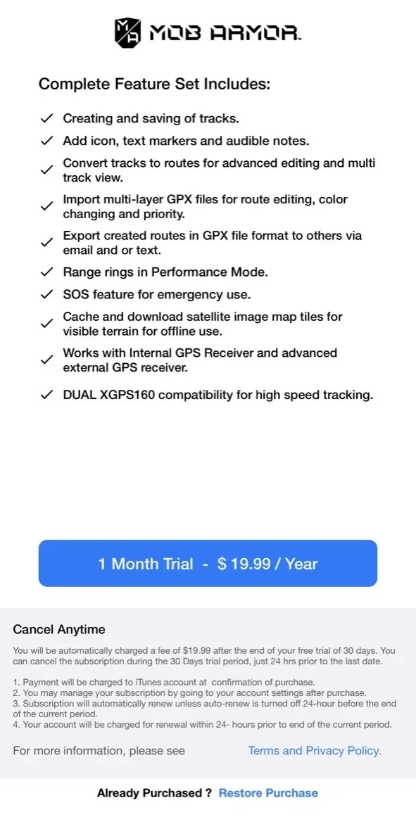 Mob Armor GPS paywall screen