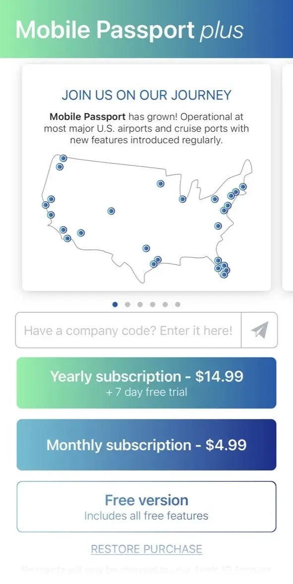 Mobile Passport paywall screen
