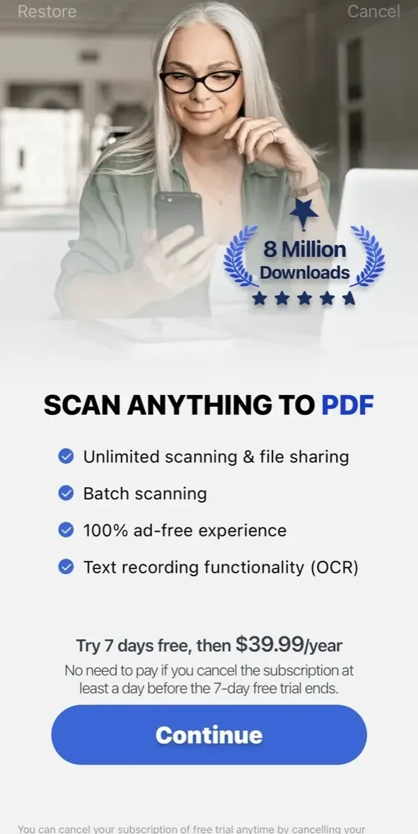 Mobile Scanner App paywall screen