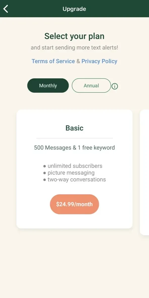 Mobile Text Alerts paywall screen