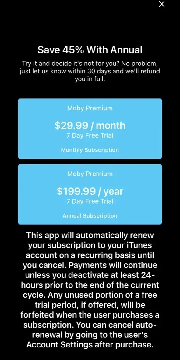 Moby paywall screen