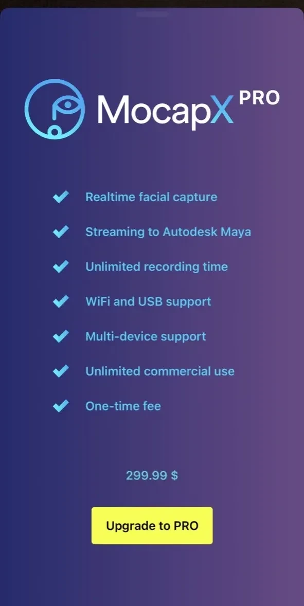 MocapX paywall screen