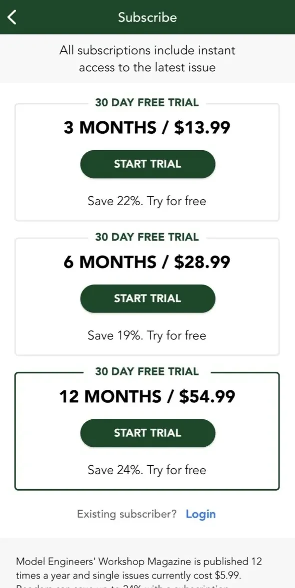 Model Engineers' Workshop paywall screen