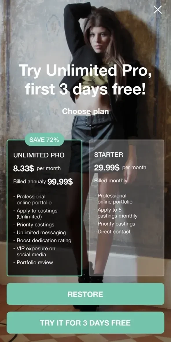 Model Now paywall screen