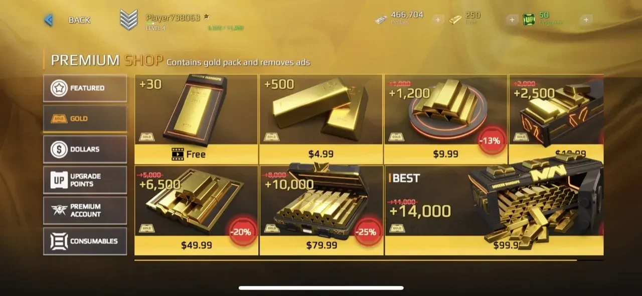 Modern Warships paywall screen