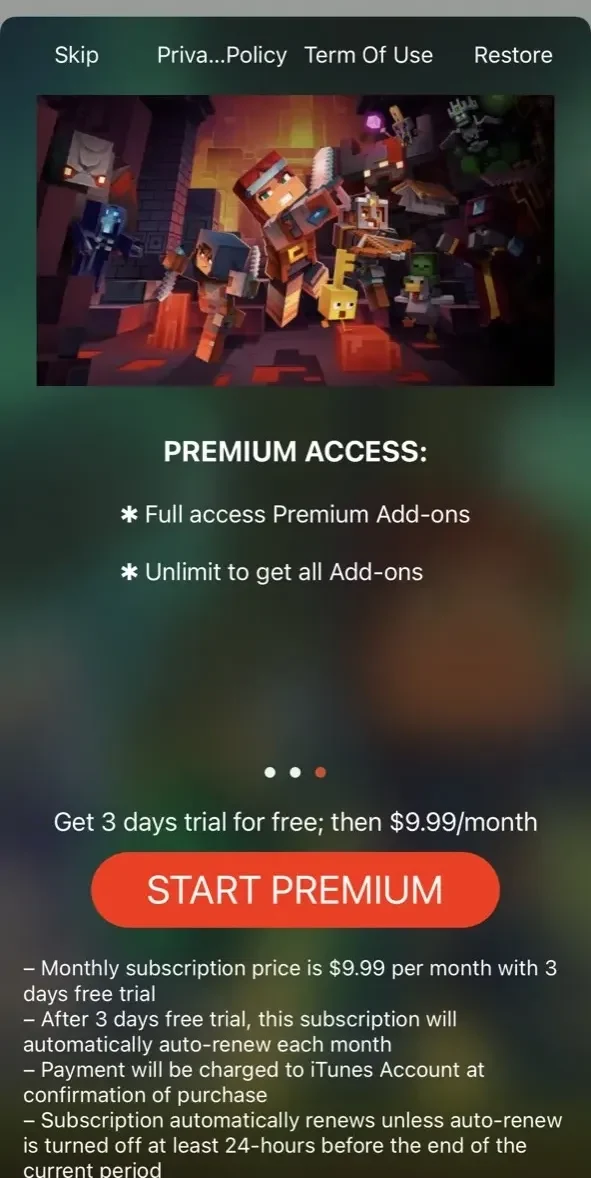 MODS FOR MINECRAFT MCPE ADDONS paywall screen