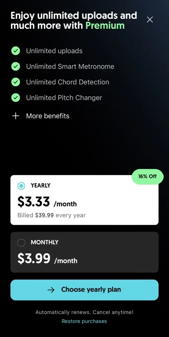 Moises paywall screen