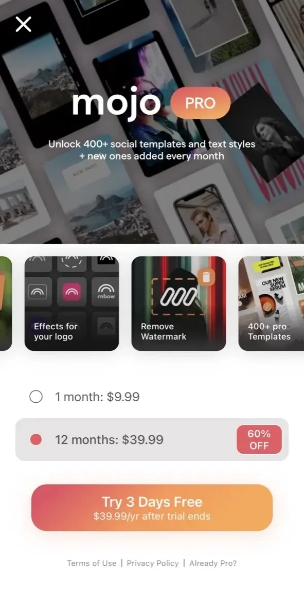 Mojo paywall screen