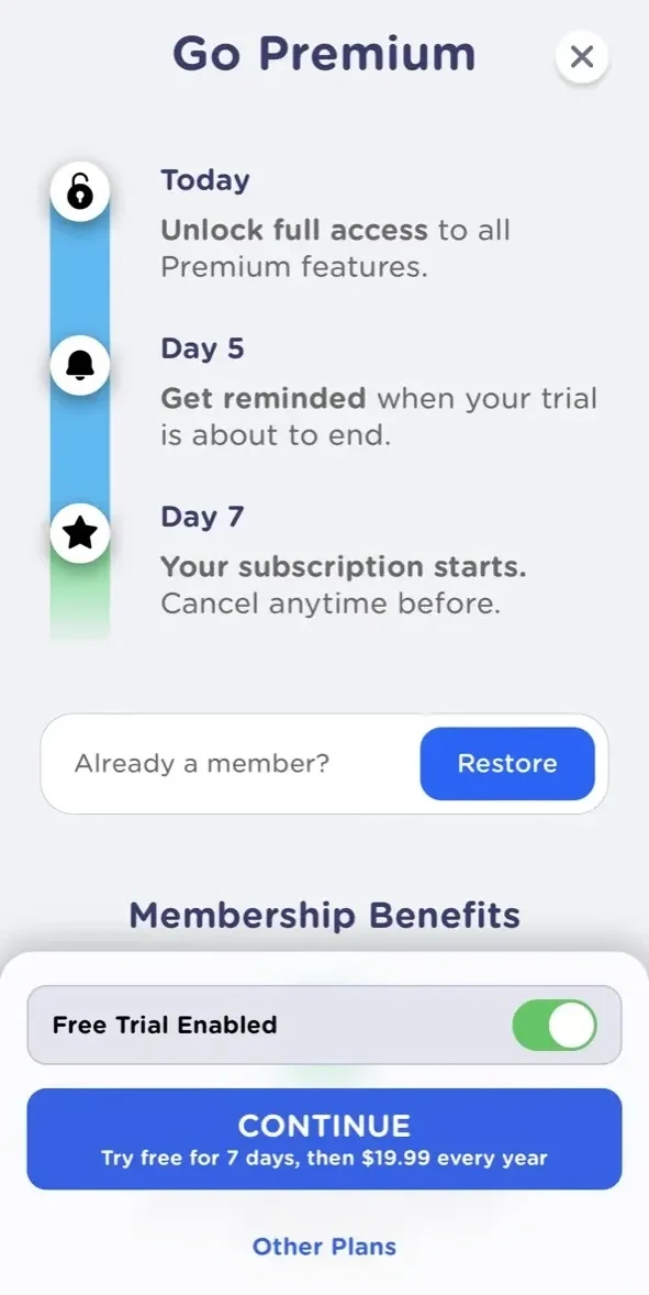 Momego paywall screen