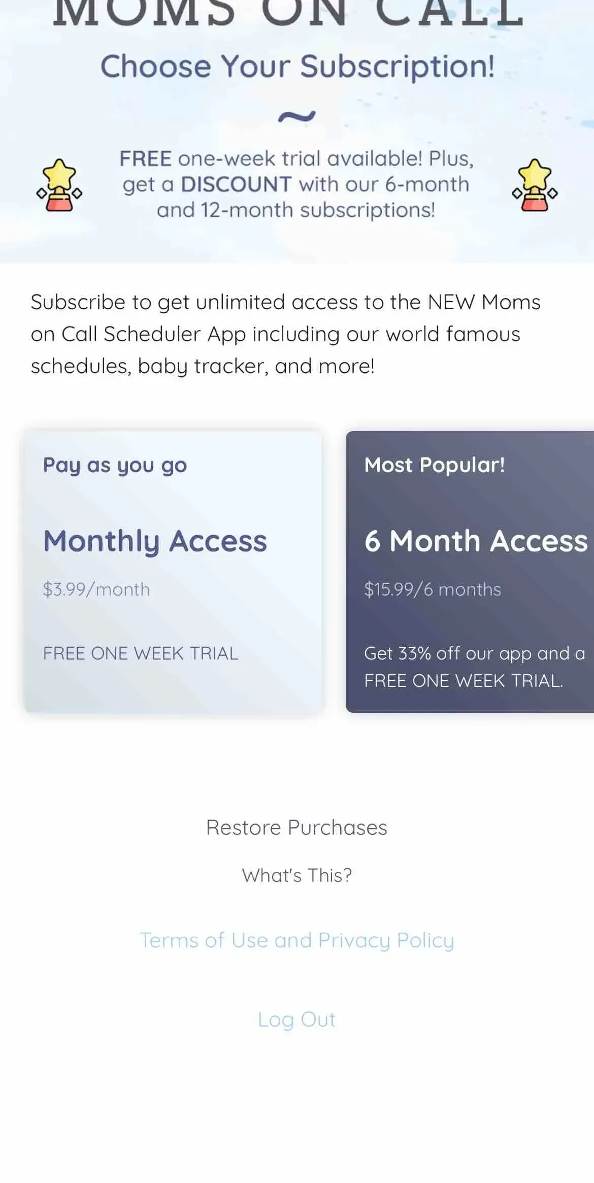 Moms on Call Scheduler paywall screen