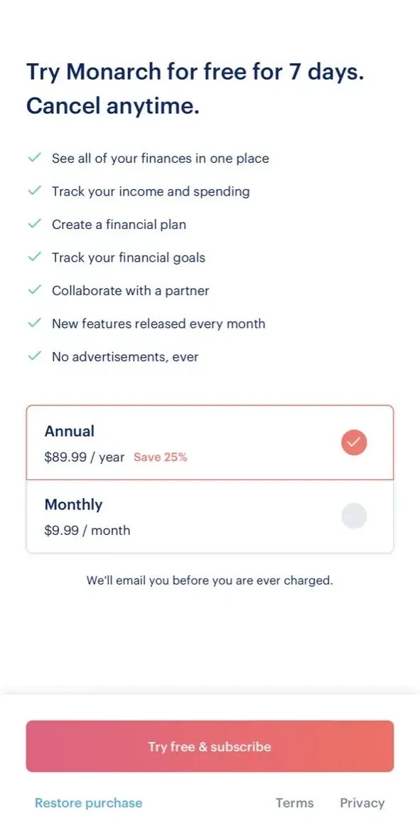 Monarch paywall screen