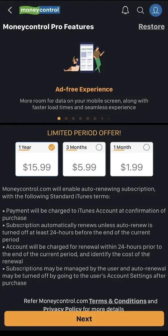 Moneycontrol paywall screen