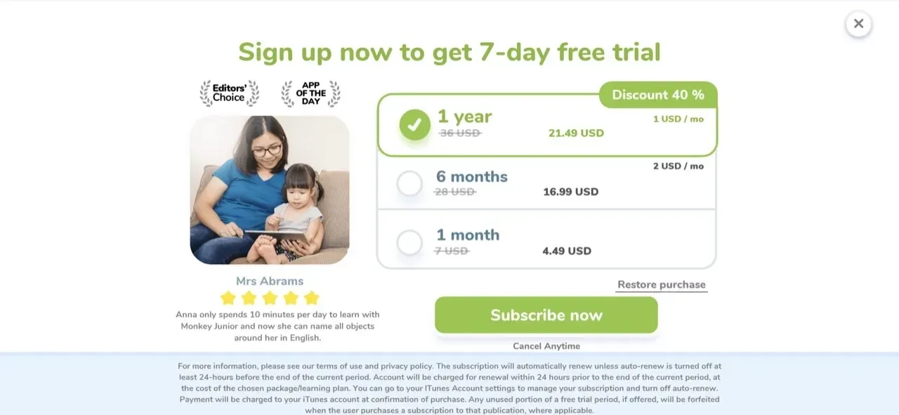 Monkey Junior paywall screen