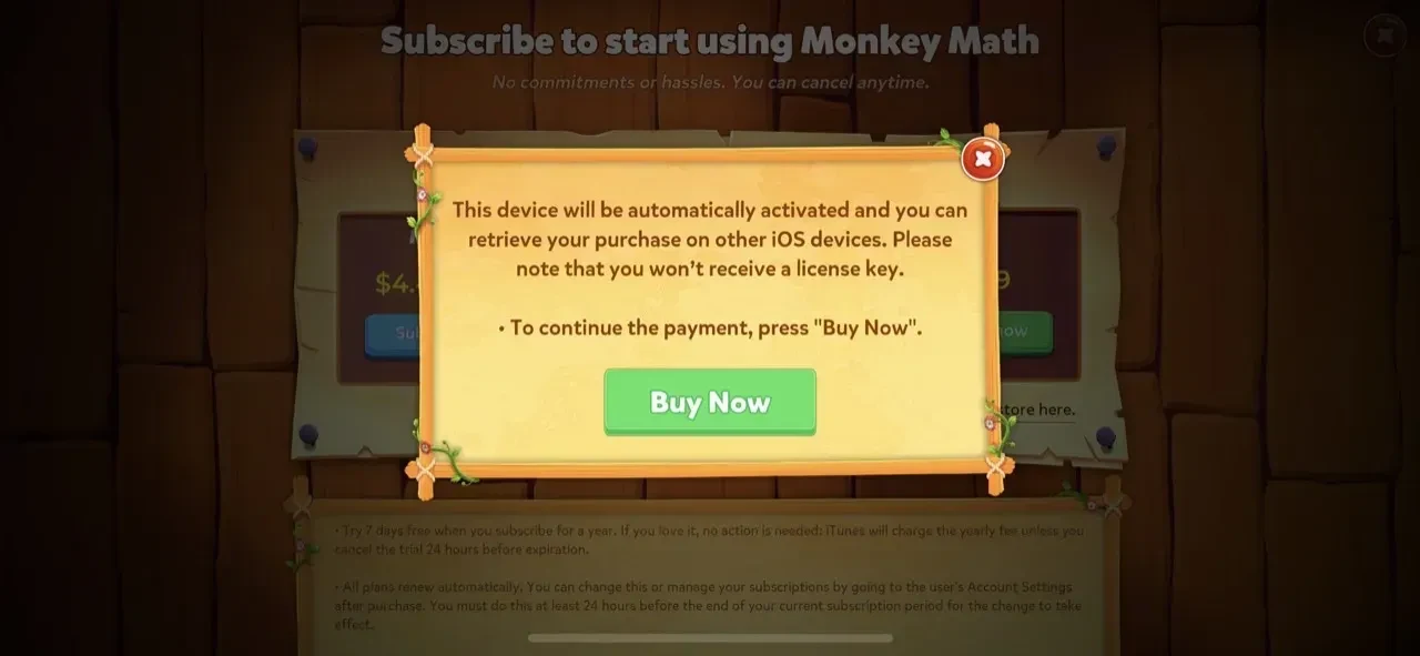 Monkey Math paywall screen