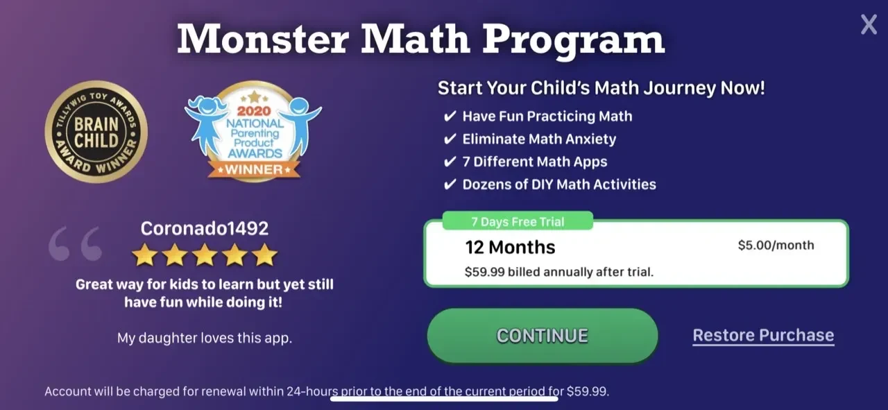 Monster Math 2 paywall screen
