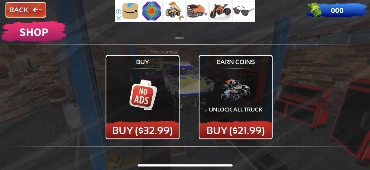 Monster Truck Games 4x4 wheels paywall screen