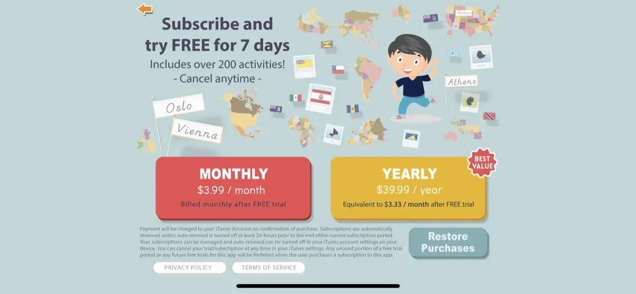 Montessori Ultimate Geography paywall screen
