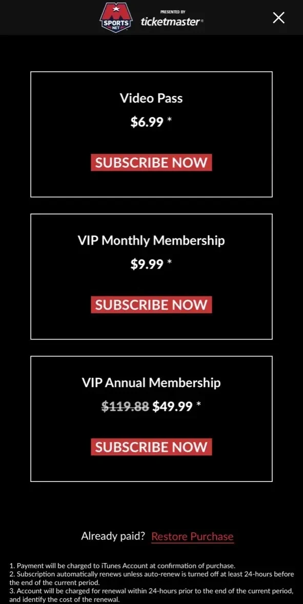 Monumental Sports Network paywall screen