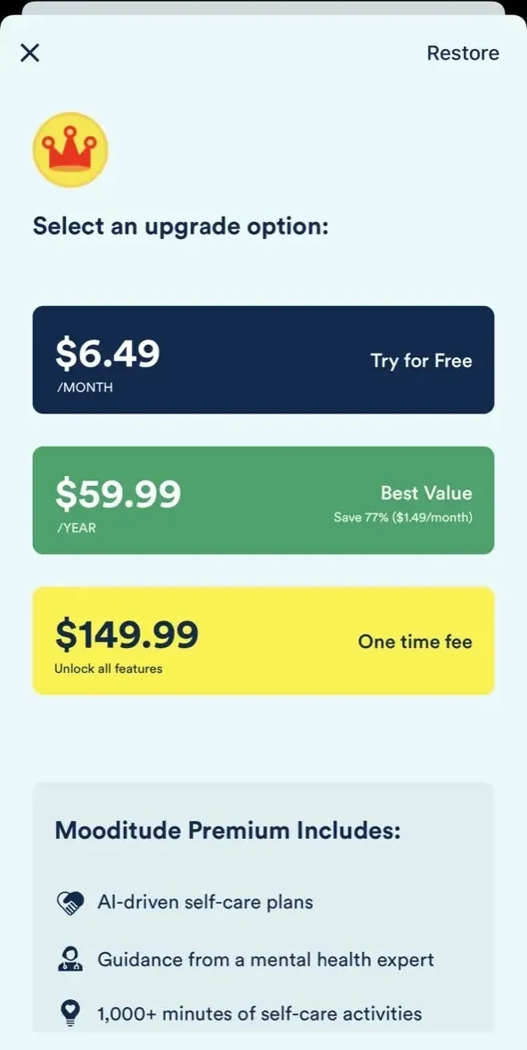 Mooditude paywall screen
