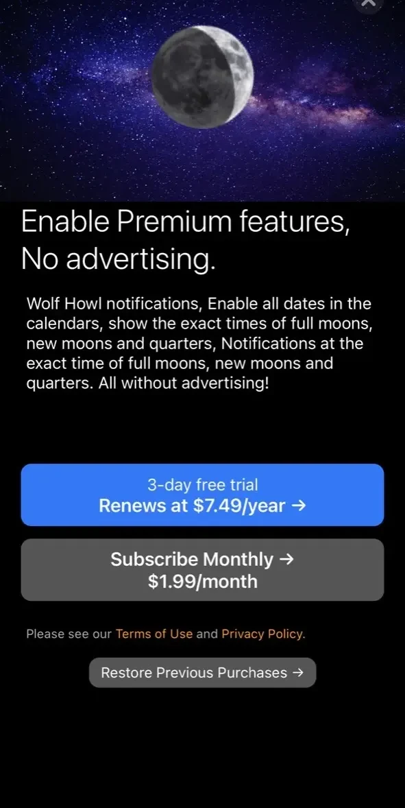 Moon Phase Calendar Plus paywall screen