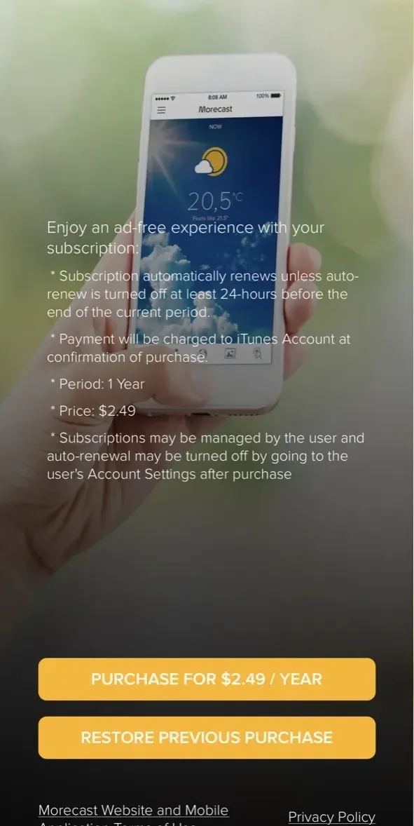 Morecast Weather App paywall screen