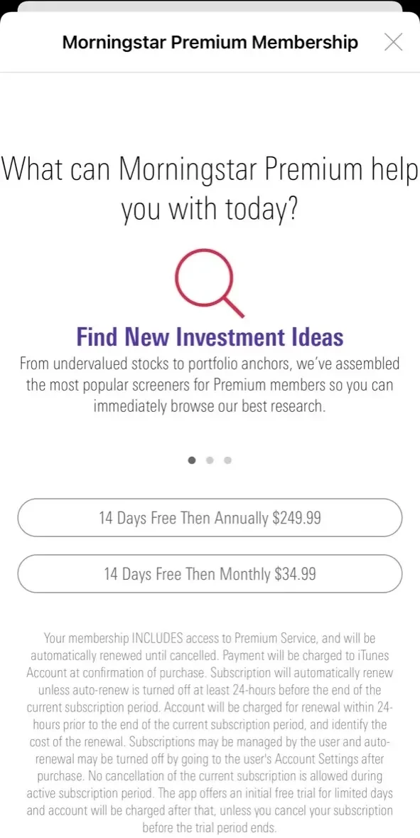 Morningstar Investor paywall screen