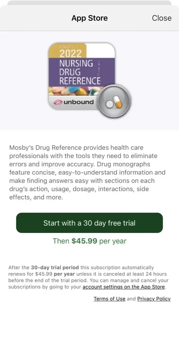 Mosby's Drug Reference paywall screen