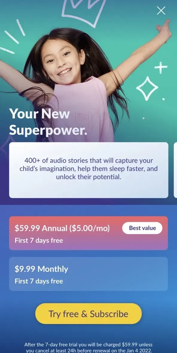 Moshi Kids paywall screen