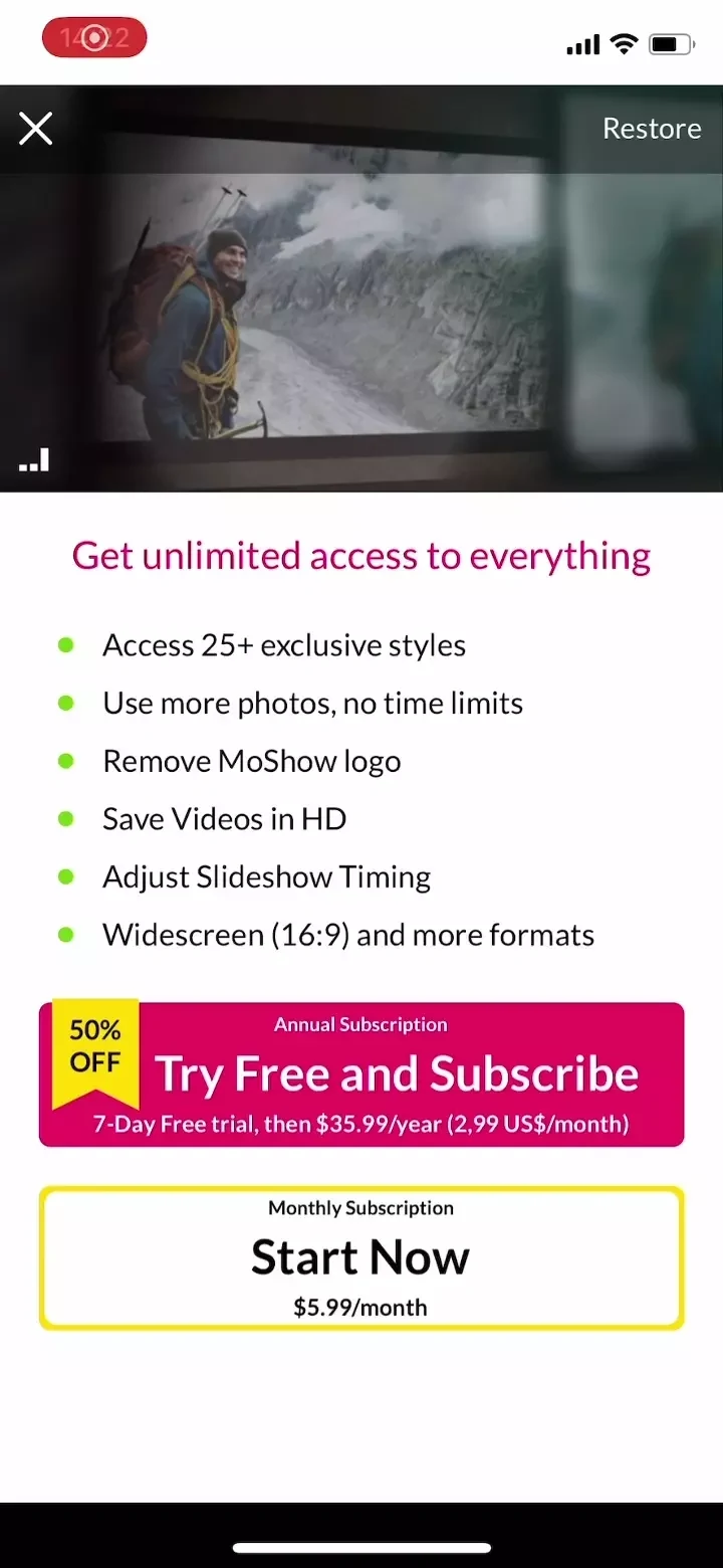 MoShow Slideshow Maker Video paywall screen