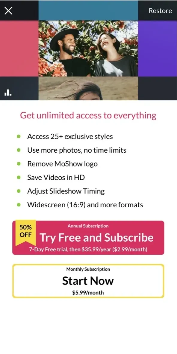 MoShow Slideshow Maker Video paywall screen