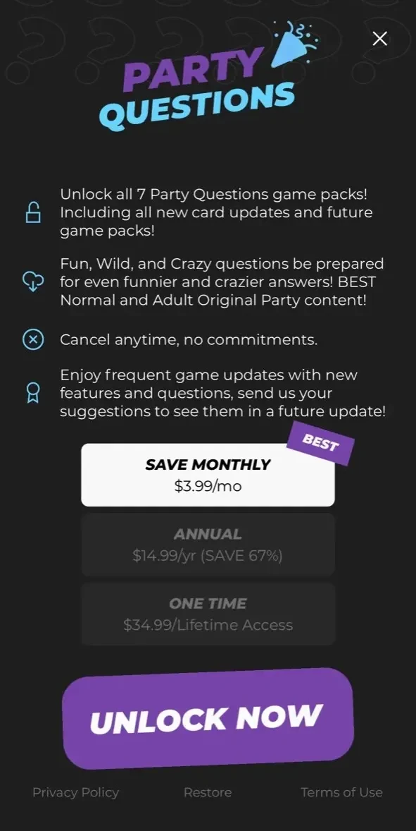 Whos Most Likely To Game paywall screen