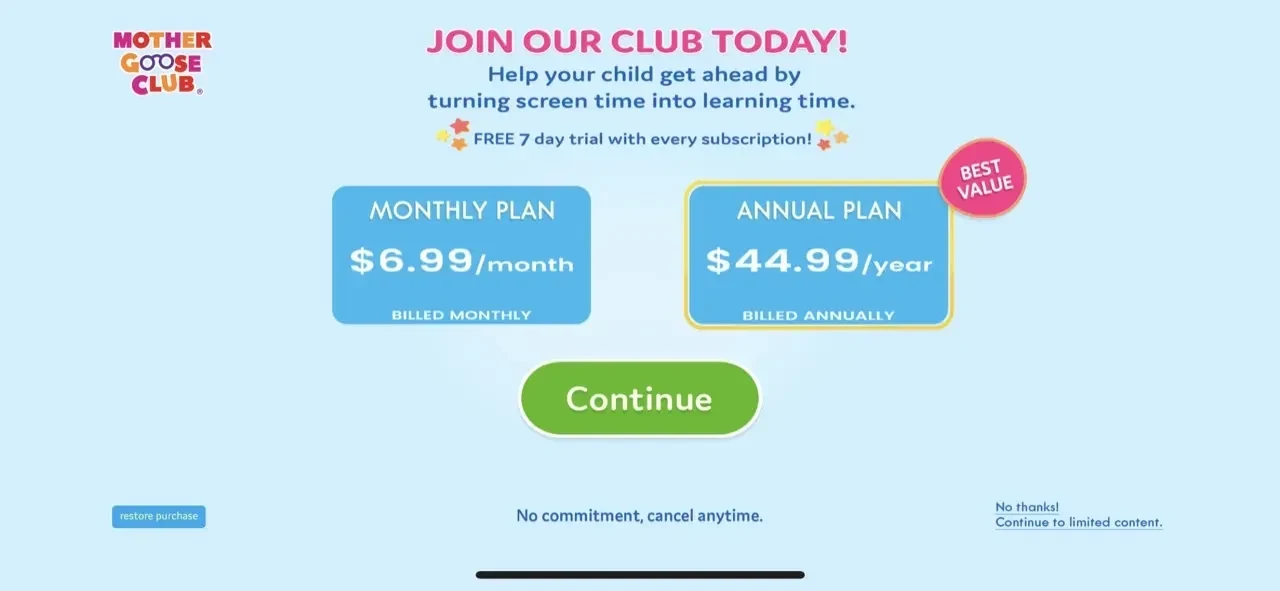 Mother Goose Club Rhymes paywall screen