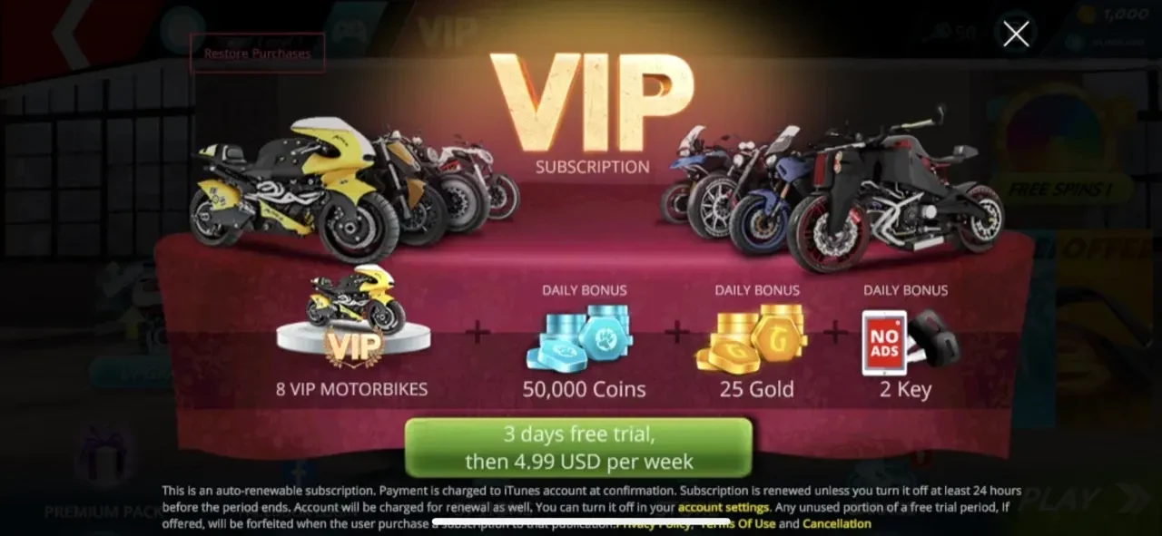 Motor Bike paywall screen